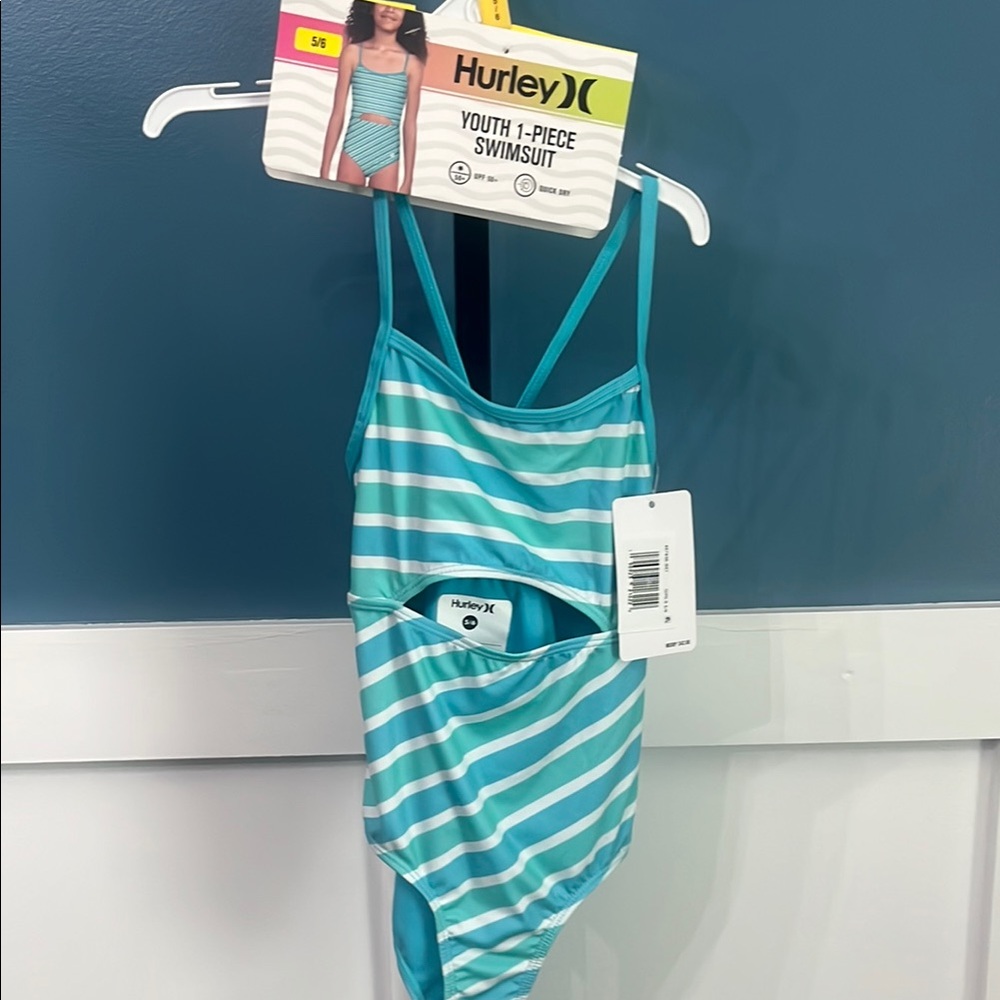 Hurley Kids Swim One Piece - Turquoise and White